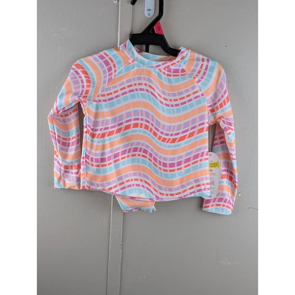 Wonder Nation Baby Girls Rash Guard Swimsuit Set 18M Pink Orange Wavy UPF 50+